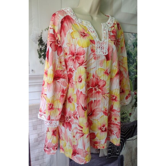 Alfred Dunner 24W 3X Floral Top 100% Cotton Spring Summer Crochet Boho Festival - Picture 2 of 10